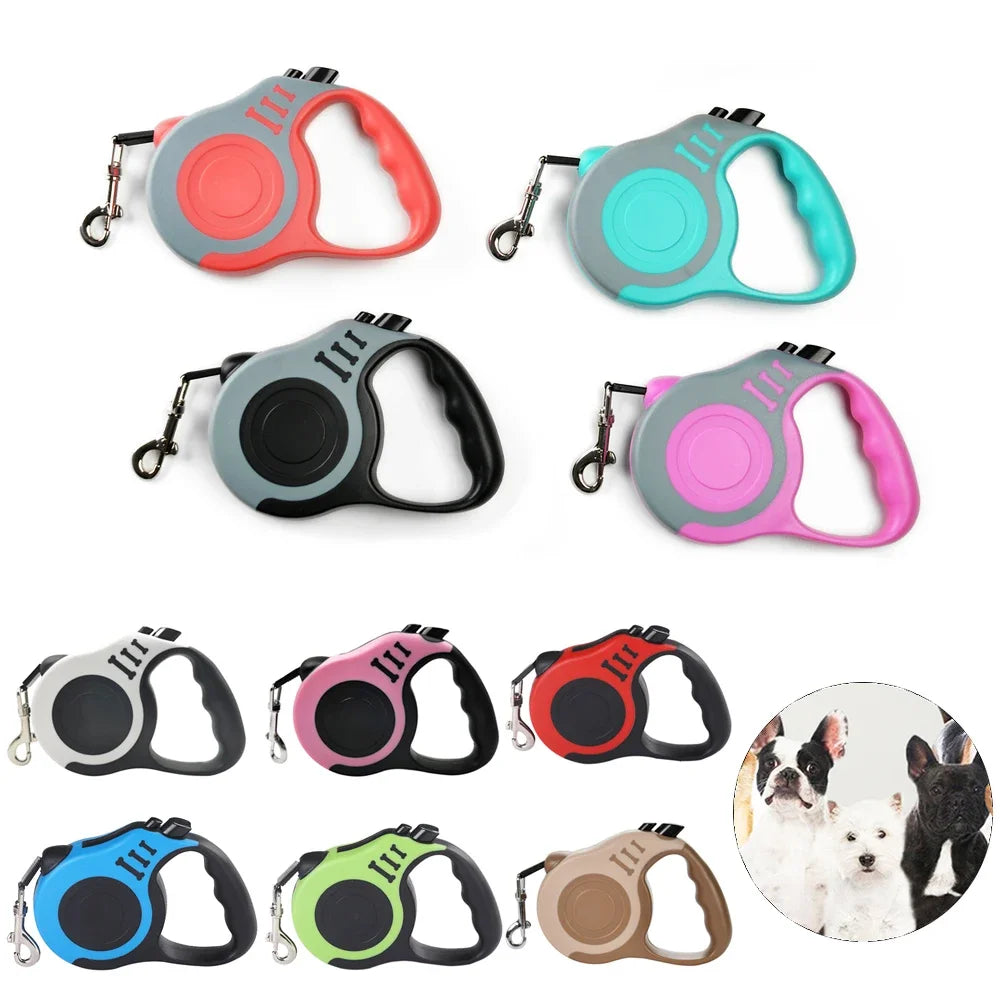 Durable retractable nylon dog leash, 3m or 5m length. Strong, tangle-free design for small, medium, and large dogs or cats. Perfect for daily walks