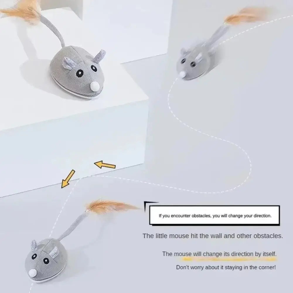 USB Rechargeable Realistic Mouse Toy with Squeak & Feather Tail for Cats