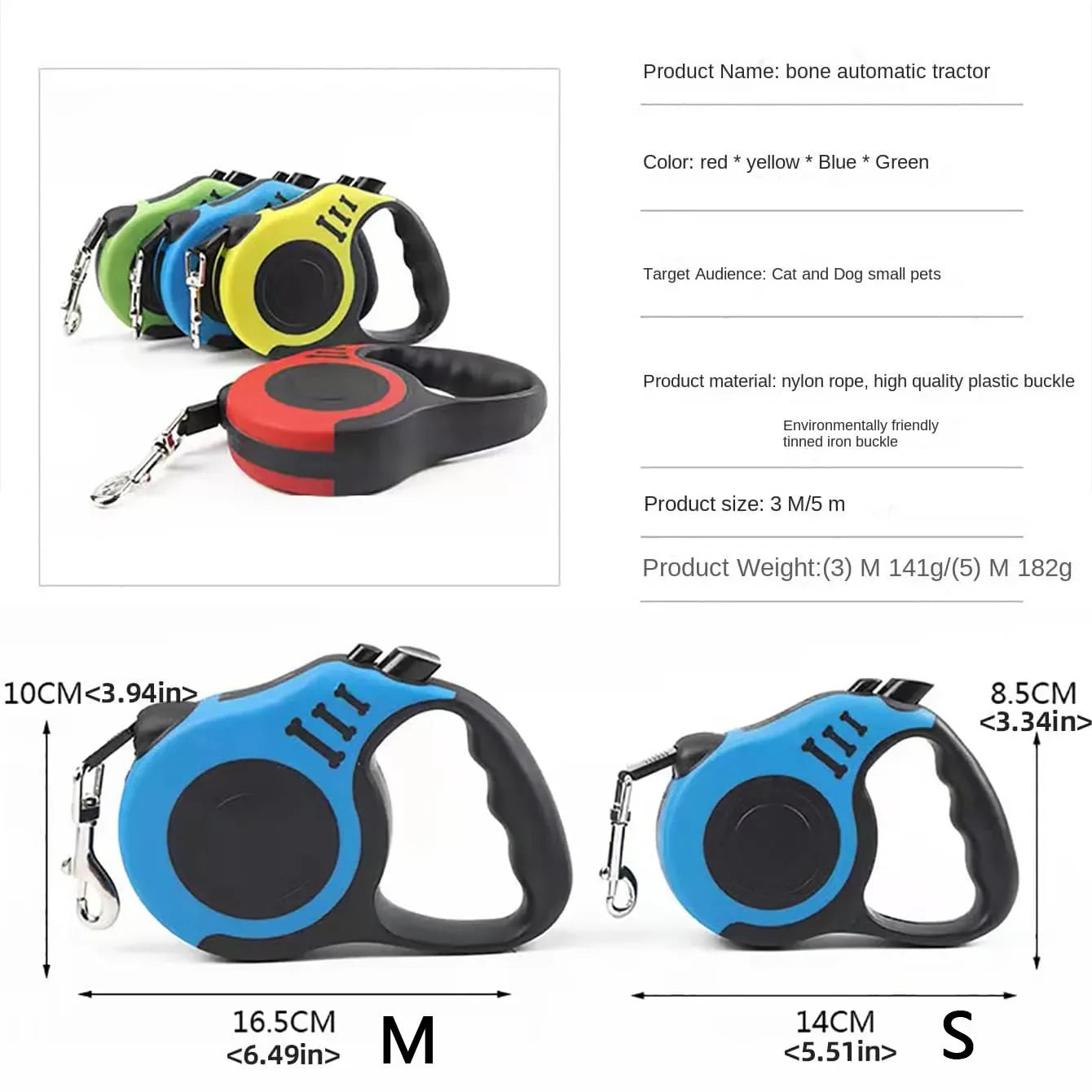Durable retractable nylon dog leash, 3m or 5m length. Strong, tangle-free design for small, medium, and large dogs or cats. Perfect for daily walks