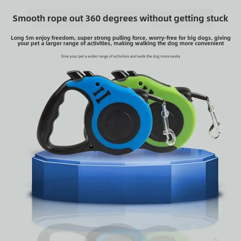 Durable retractable nylon dog leash, 3m or 5m length. Strong, tangle-free design for small, medium, and large dogs or cats. Perfect for daily walks