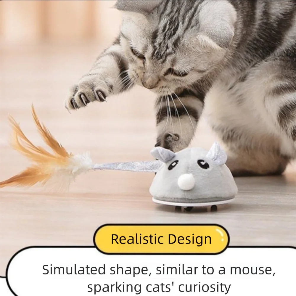 USB Rechargeable Realistic Mouse Toy with Squeak & Feather Tail for Cats