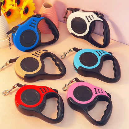 Durable retractable nylon dog leash, 3m or 5m length. Strong, tangle-free design for small, medium, and large dogs or cats. Perfect for daily walks