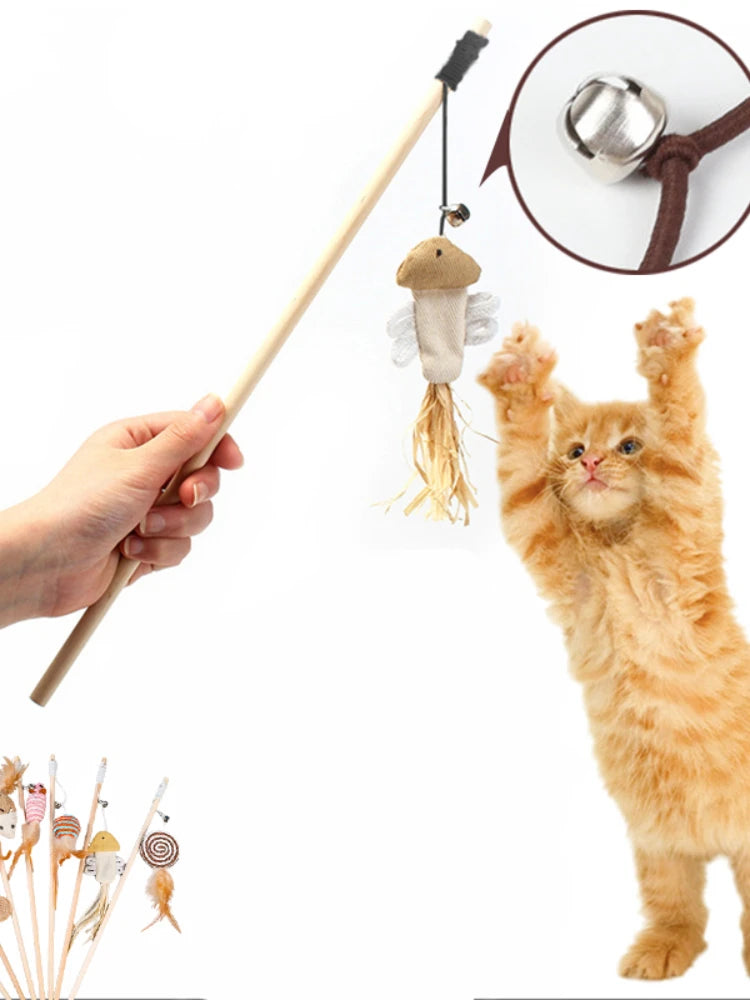 Wooden Cat Teaser Wand – Feather Toy with Bell for Interactive Play with Cats & Kittens
