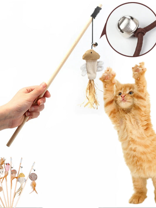 Wooden Cat Teaser Wand – Feather Toy with Bell for Interactive Play with Cats & Kittens