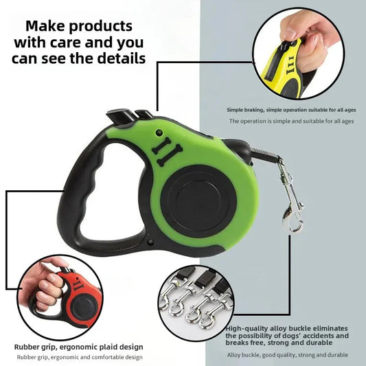 Durable retractable nylon dog leash, 3m or 5m length. Strong, tangle-free design for small, medium, and large dogs or cats. Perfect for daily walks
