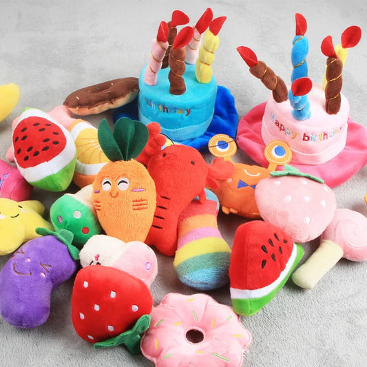 Plush Squeaky Dog Toy – Soft, Bite-Resistant Chew for Puppies & Training, Fun Fruit & Bone Designs