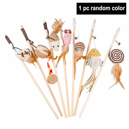 Wooden Cat Teaser Wand – Feather Toy with Bell for Interactive Play with Cats & Kittens