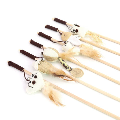 Wooden Cat Teaser Wand – Feather Toy with Bell for Interactive Play with Cats & Kittens