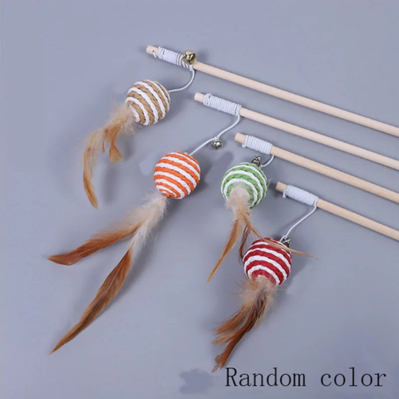 Wooden Cat Teaser Wand – Feather Toy with Bell for Interactive Play with Cats & Kittens