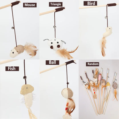 Wooden Cat Teaser Wand – Feather Toy with Bell for Interactive Play with Cats & Kittens