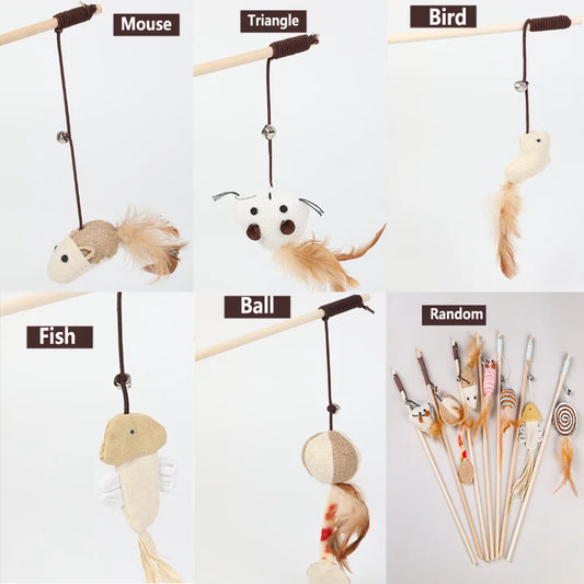 Wooden Cat Teaser Wand – Feather Toy with Bell for Interactive Play with Cats & Kittens