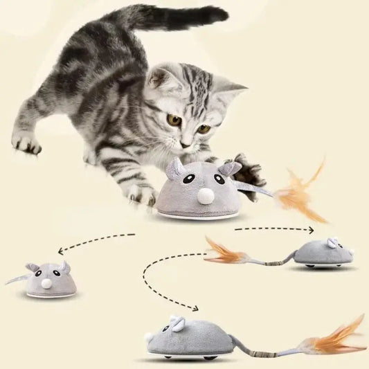 USB Rechargeable Realistic Mouse Toy with Squeak & Feather Tail for Cats