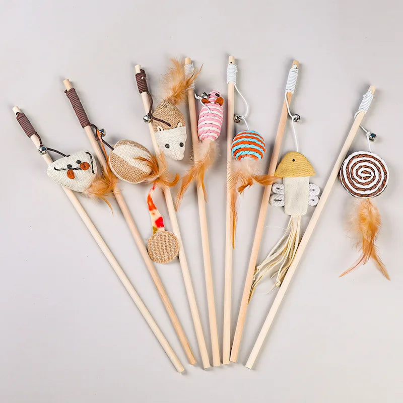 Wooden Cat Teaser Wand – Feather Toy with Bell for Interactive Play with Cats & Kittens