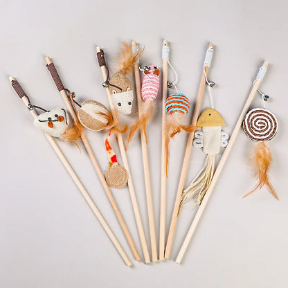 Wooden Cat Teaser Wand – Feather Toy with Bell for Interactive Play with Cats & Kittens