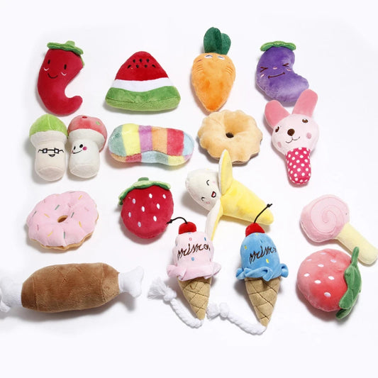 Plush Squeaky Dog Toy – Soft, Bite-Resistant Chew for Puppies & Training, Fun Fruit & Bone Designs
