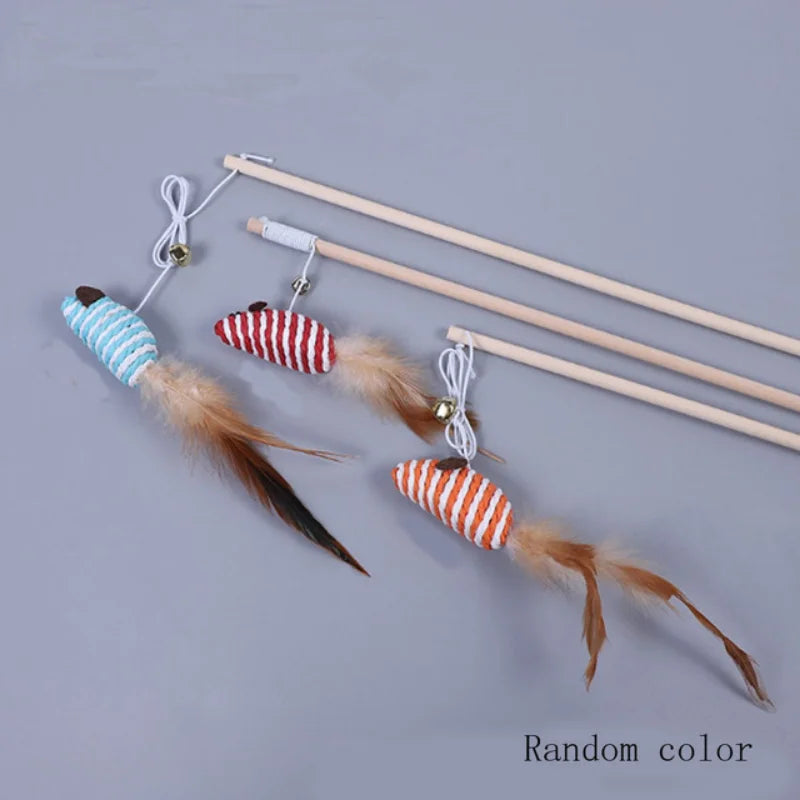 Wooden Cat Teaser Wand – Feather Toy with Bell for Interactive Play with Cats & Kittens